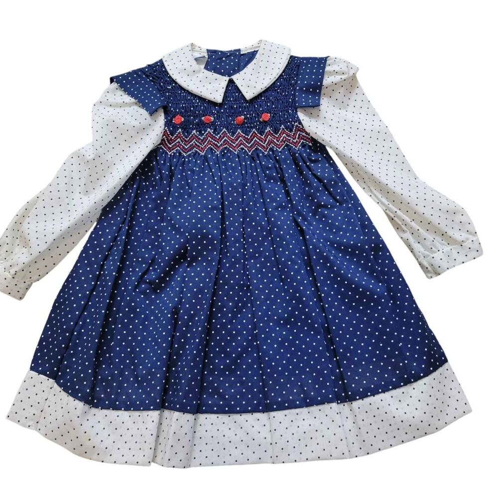 Vintage Girls Size 4 Polly Flinders Smocked Dress Long Sleeve